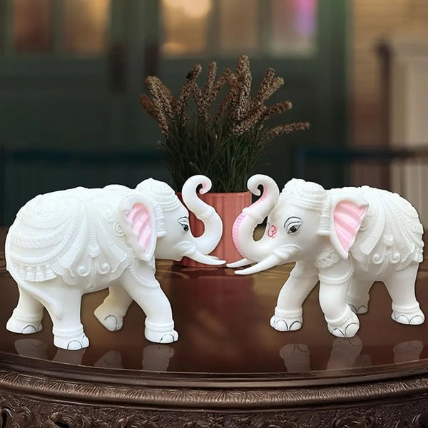 White Marble Elephant Pair Showpiece for Home