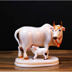 White Marble Kamdhenu Cow with Calf Idol Showpiece