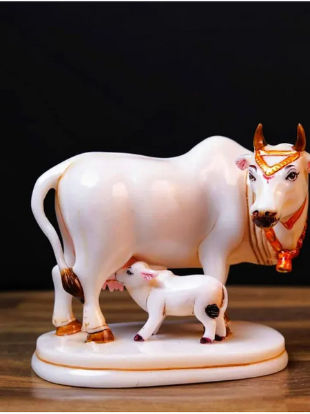 White Marble Kamdhenu Cow with Calf Idol Showpiece