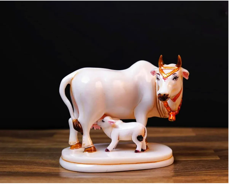 White Marble Kamdhenu Cow with Calf Idol Showpiece