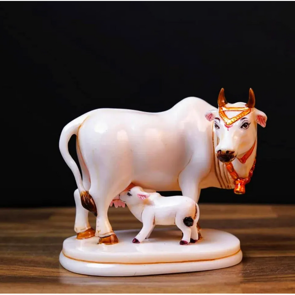 White Marble Kamdhenu Cow with Calf Idol Showpiece