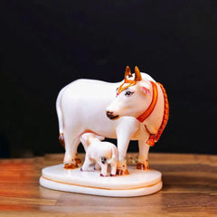 White Marble Kamdhenu Cow with Calf Idol Showpiece
