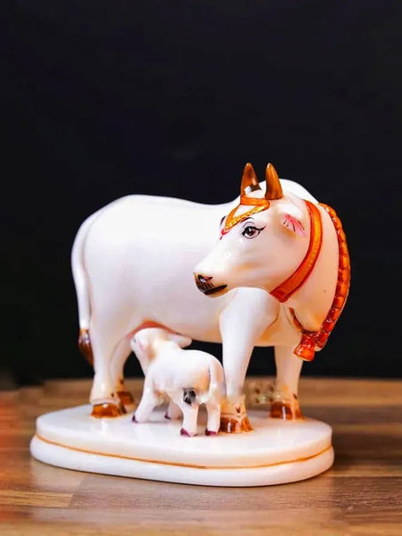 White Marble Kamdhenu Cow with Calf Idol Showpiece