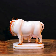 White Marble Kamdhenu Cow with Calf Idol Showpiece