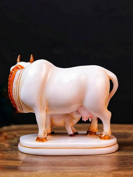 White Marble Kamdhenu Cow with Calf Idol Showpiece