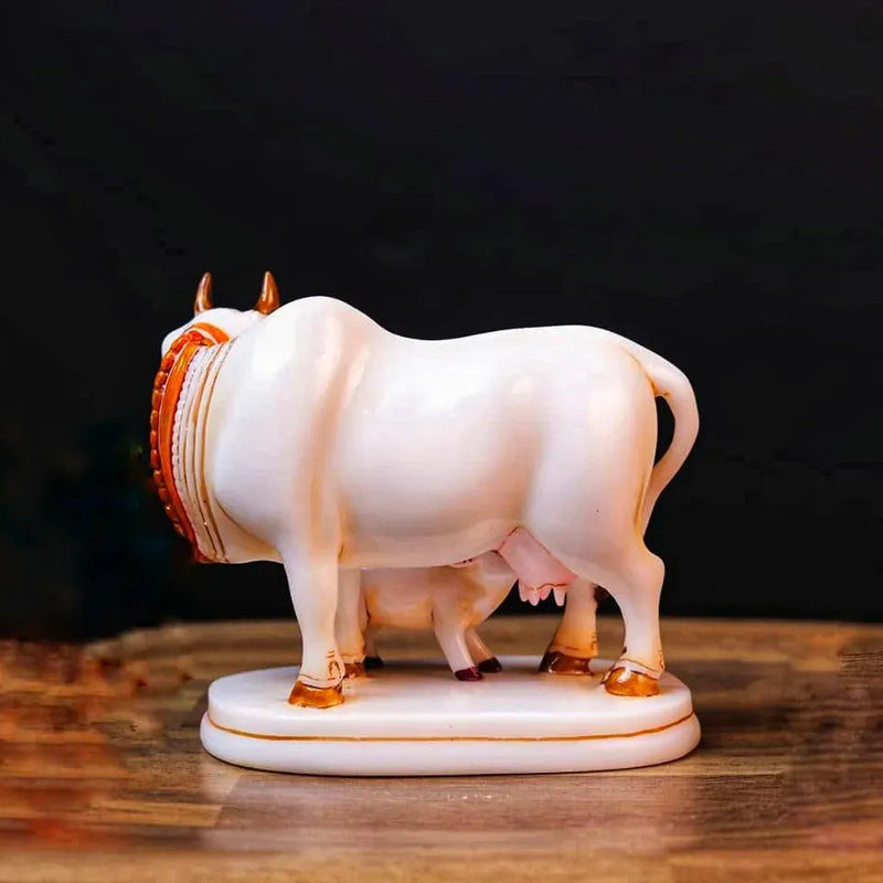 White Marble Kamdhenu Cow with Calf Idol Showpiece