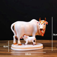White Marble Kamdhenu Cow with Calf Idol Showpiece