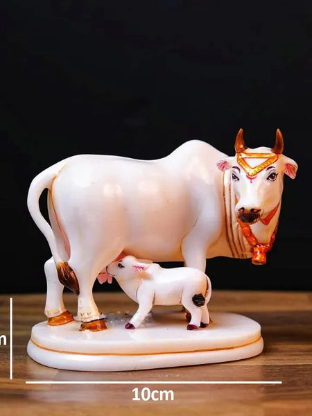 White Marble Kamdhenu Cow with Calf Idol Showpiece