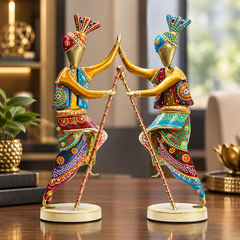 Handcrafted 14-Inch Bhangra Dancer Statues – Vibrant Punjabi Folk Dance Metal Showpiece Set for Traditional Indian Home Décor
