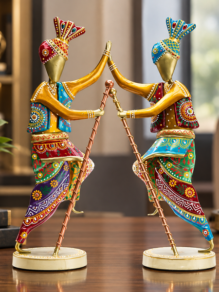 Handcrafted 14-Inch Bhangra Dancer Statues – Vibrant Punjabi Folk Dance Metal Showpiece Set for Traditional Indian Home Décor