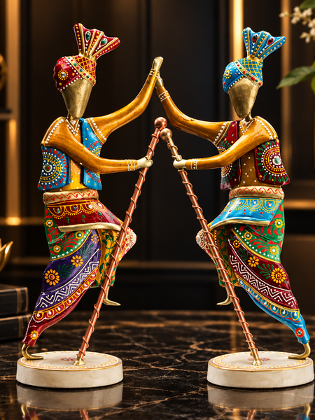 Handcrafted 14-Inch Bhangra Dancer Statues – Vibrant Punjabi Folk Dance Metal Showpiece Set for Traditional Indian Home Décor