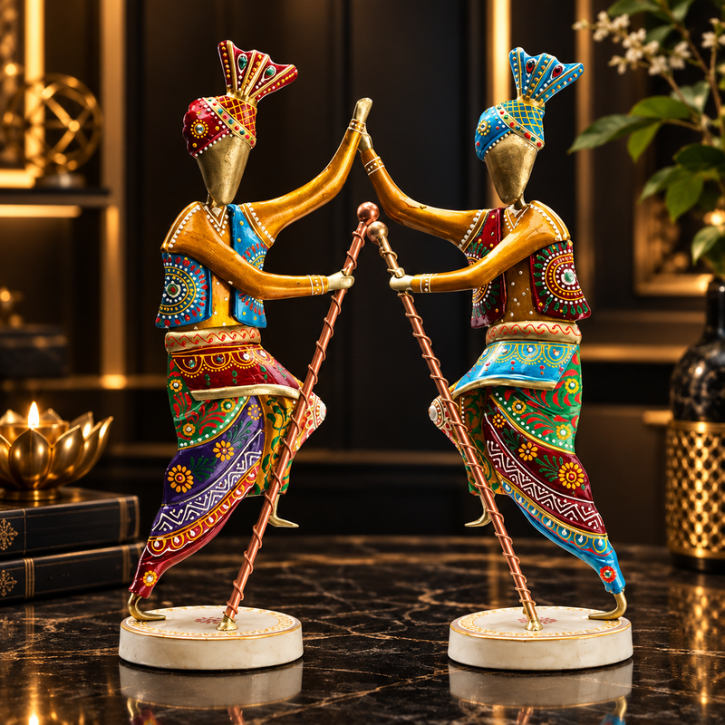 Handcrafted 14-Inch Bhangra Dancer Statues – Vibrant Punjabi Folk Dance Metal Showpiece Set for Traditional Indian Home Décor