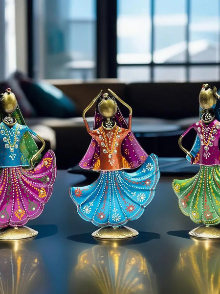 Rajasthani Dancing Doll Metal Figurine Showpiece, Set of 3