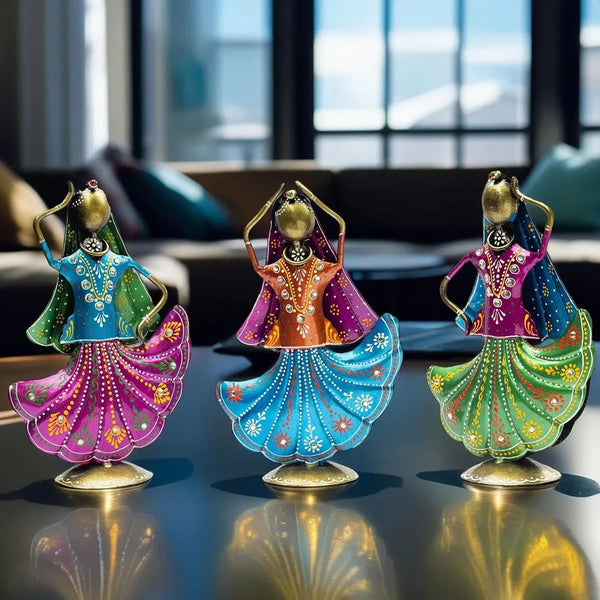 Rajasthani Dancing Doll Metal Figurine Showpiece, Set of 3
