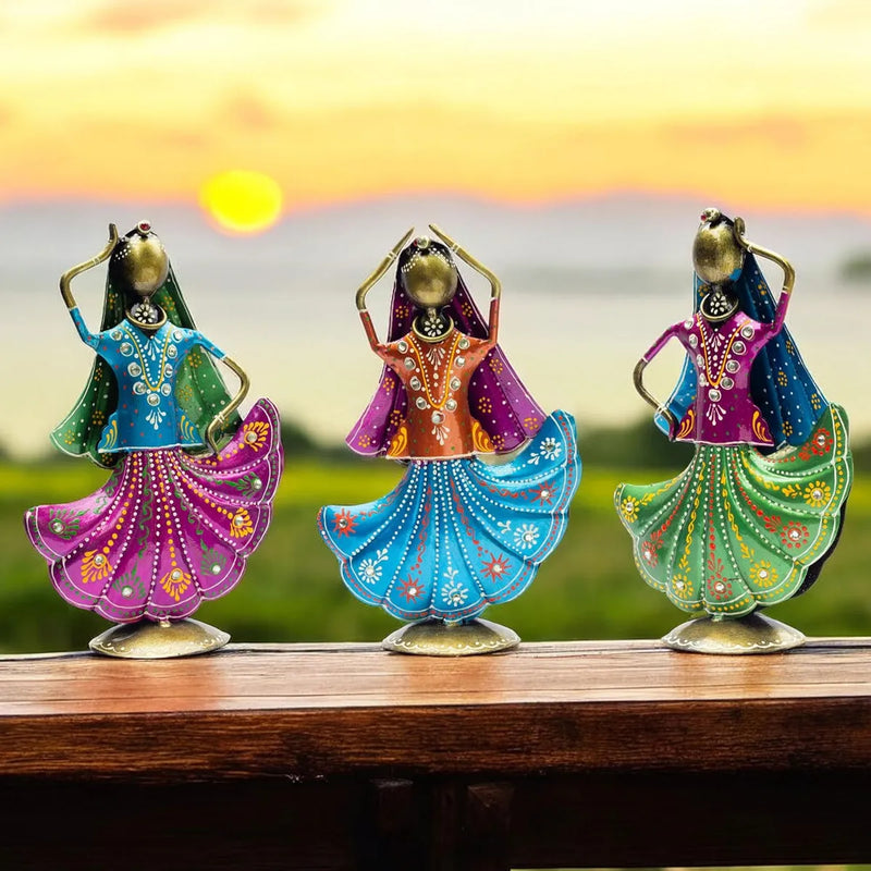 Rajasthani Dancing Doll Metal Figurine Showpiece, Set of 3