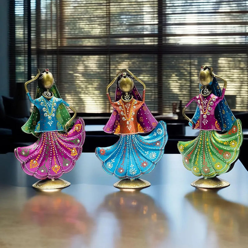 Rajasthani Dancing Doll Metal Figurine Showpiece, Set of 3
